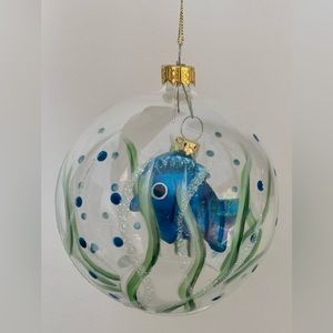 Christmas Ornament Painted 4” Glass Globe with free hanging Blue Fish Inside
